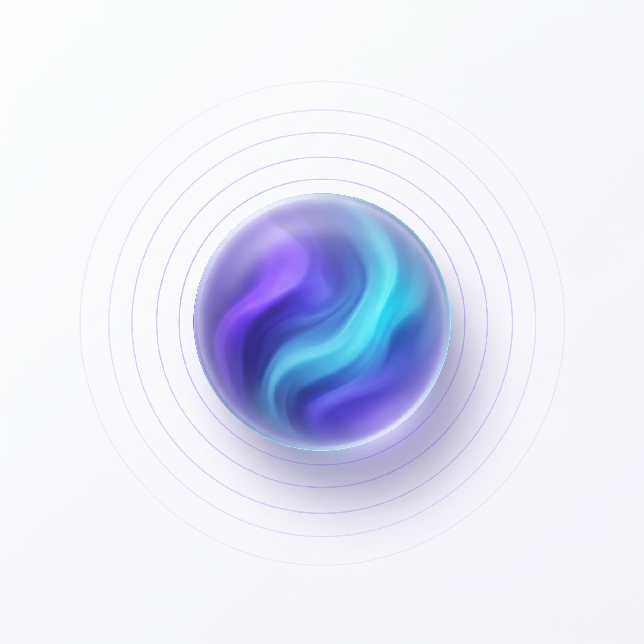 Glowing violet-to-cyan glass orb with concentric voice ripples